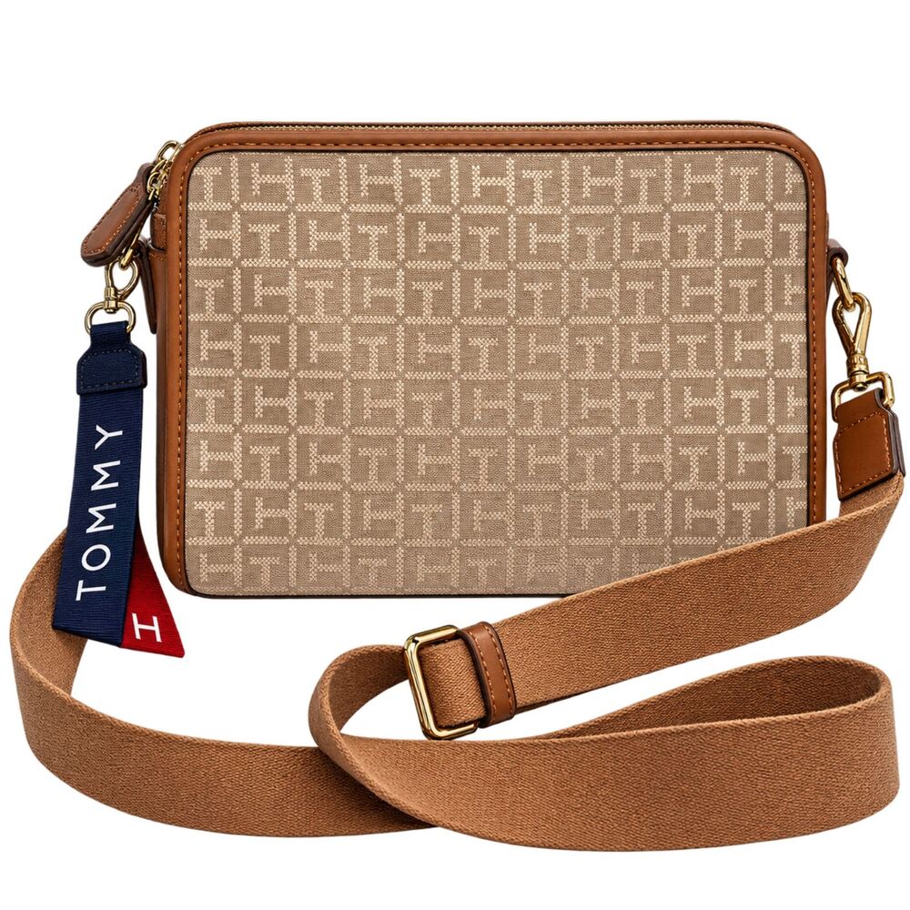 Tommy Hilfiger TH Monogram Jacquard Crossbody Bag Tan Brown Adjustable Strap